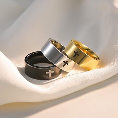 Classic Cross Stainless Steel Ring 6mm 8mm Laser Engraved Band Durable Hypoallergenic Unisex Jewelry Gift