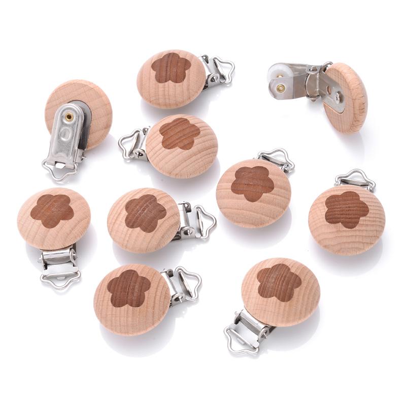 10Pcs Round Printing Beech Wood Teething Clip Chew Soother Pacifier Clip Chain For Nipple Chain Clip Nursing Product Wholesale
