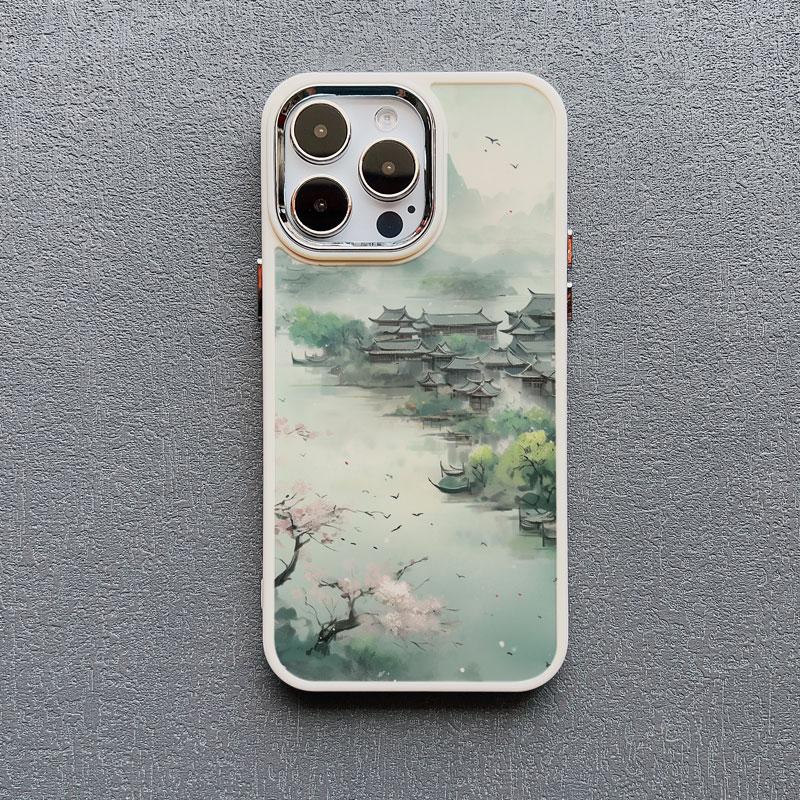 Mountains and Streams Pavilion Ink Brush Painting Phone Case for iPhone 12 13 14 11 Pro Max X XR XS 14 7 8 Plus SE Silicon Cover