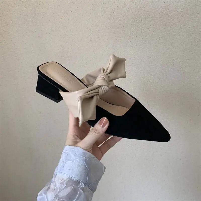 New Pointed Female Butterfly-Knot Women 2024 Slippers Casual Square Heel Loafers