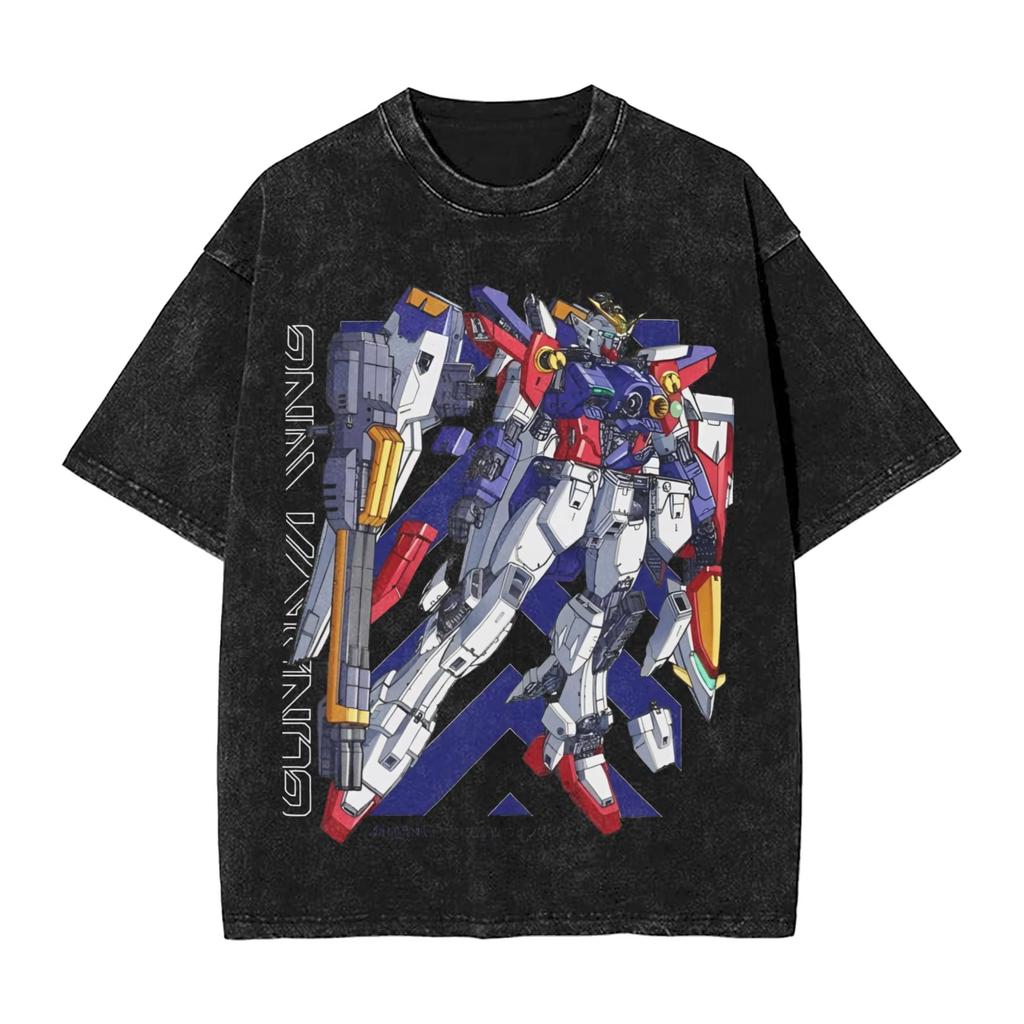 Mobile Suit Gundam Anime Harajuku Washed Retro Vintage T-Shirt Cotton Men's Streetwear Oversized Women's Short Sleeve