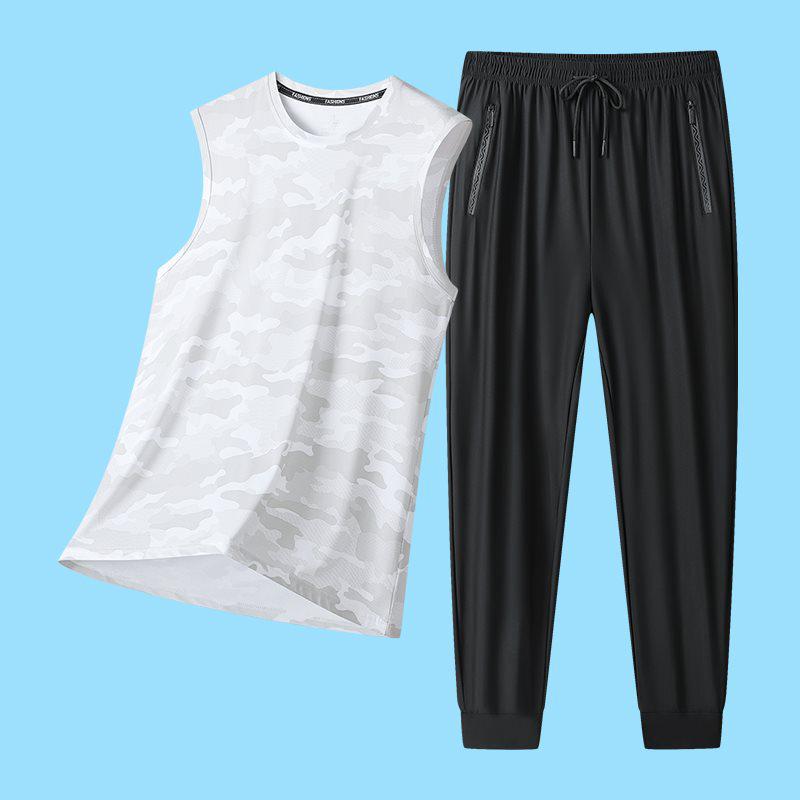 2026 Men s Summer Ice Silk Casual Set: Short Sleeve Top & Long Pants 2XL