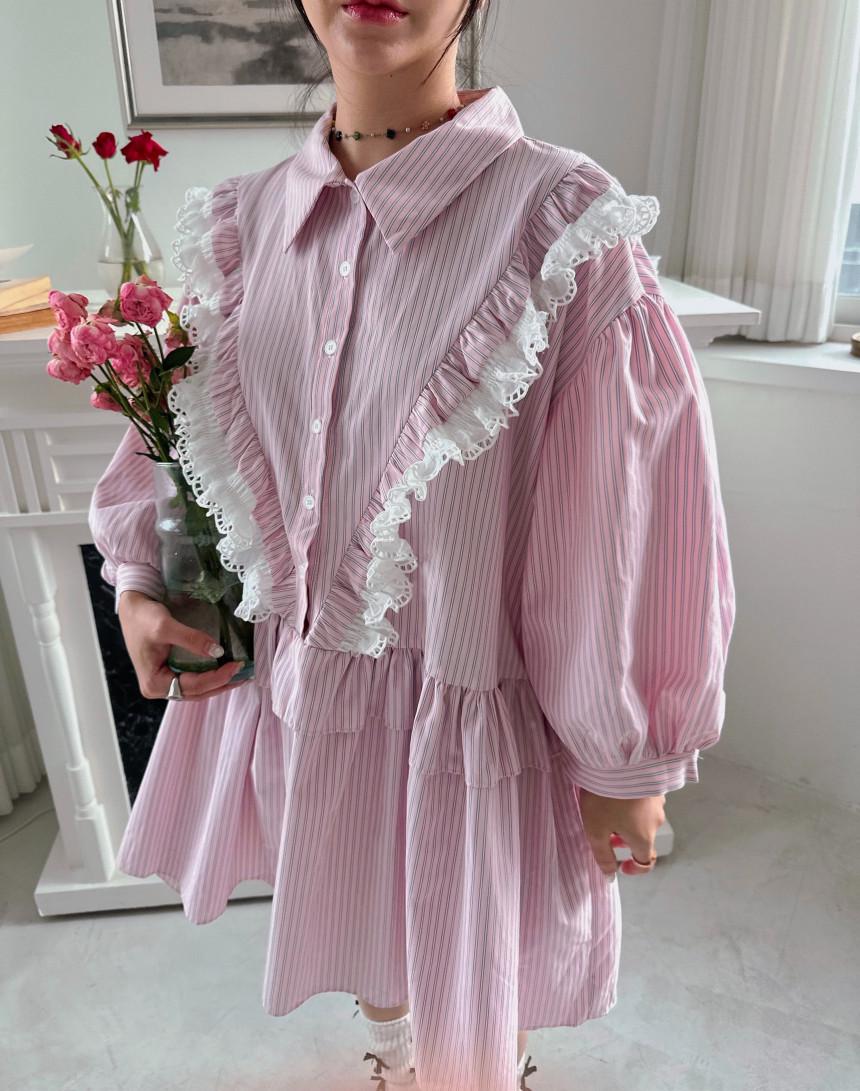 

Korean Chic Spring 2026 Striped Lace Doll Dress for Women One Size рожевий