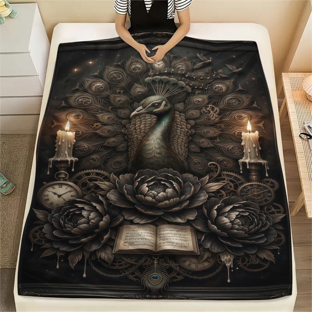 1PC Peacocks and Plants  Print FlAannel Blanket, High quality Comfortable for All Seasons, Home Decor, Warmth and Comfort