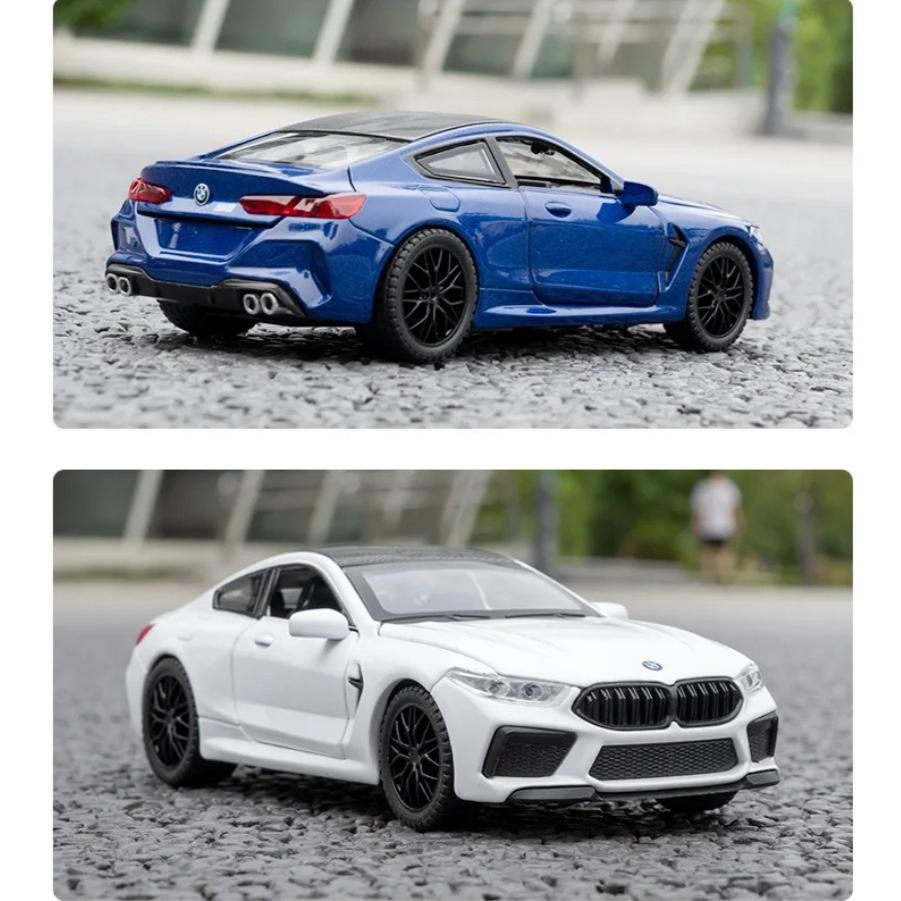 Model samochodu ze stopu BMW M8 w skali 1/32, Dźwięk i światło, Akcja sprężynowa, Zabawka do pokoju zabaw dla dzieci i przedmiot kolekcjonerski