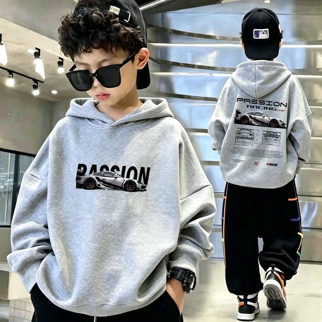 Kids Hoodie with Racing Car Print, Unisex Warm Pullover Hooded Sweatshirt, Boys Girls Oversized Long Sleeve Top Autumn Winter