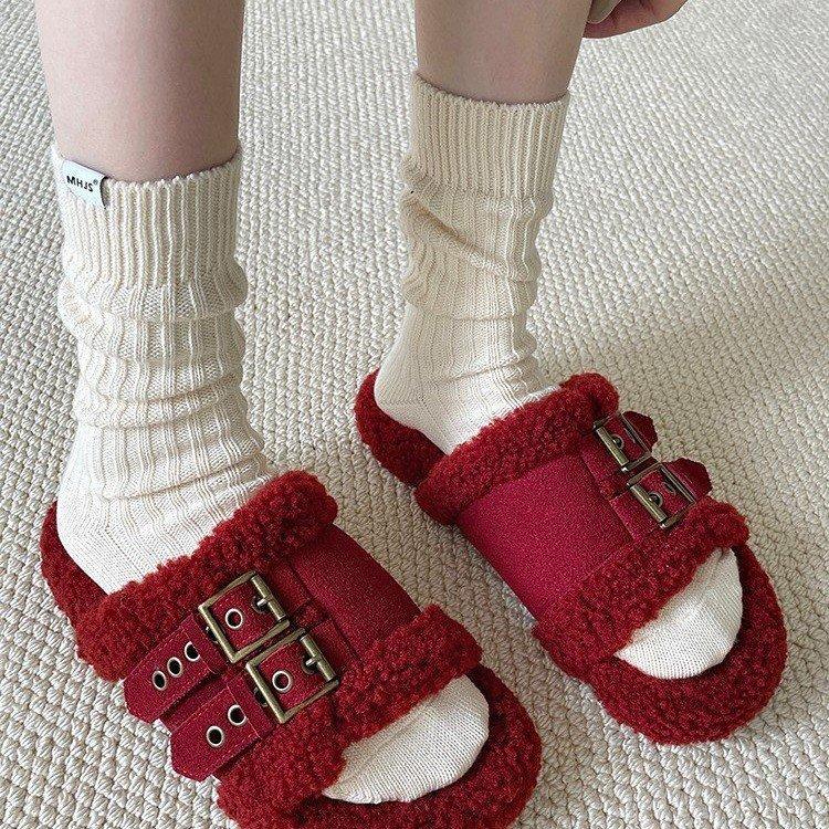 Thick-soled fluffy slippers women wear 2025 autumn and winter new plush shoes go out Internet celebrities soft-soled cotton drag tide