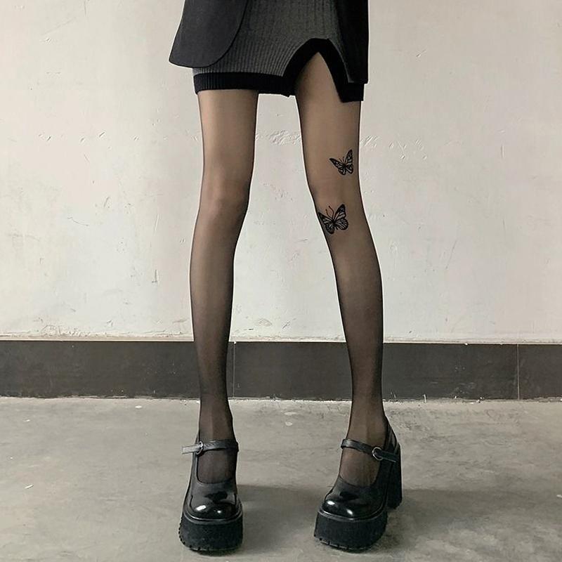 Women Ultra-Thin Tights Sexy Vintage Y2K Fake Tattoo Butterfly Black Transparent Silk Pantyhose