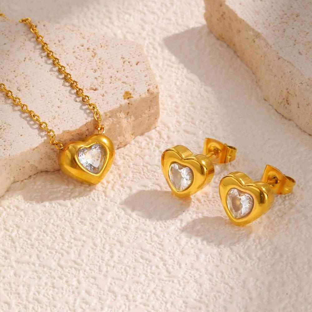 Vnox Radiant Heart Cubic Zirconia Stud Earrings For Women,Stainless Steel Earring Necklace Set,Fashion Jewelry Mother's Day Gift