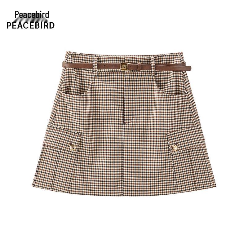 PEACEBIRD Neutral Plaid High-Waist Mini Skirt L