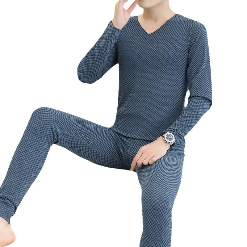 Men's Seamless Thermal Underwear Set - Thin Plaid V-Neck for Autumn/Winter