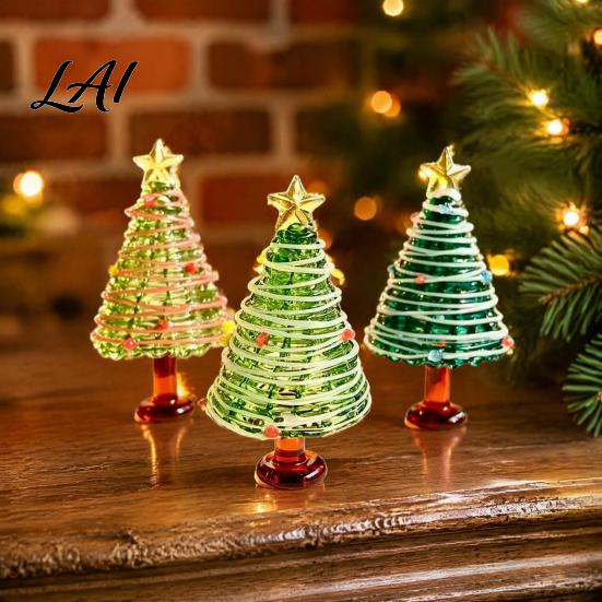 Christmas Table Centerpiece Glazed Tree Figurine Colorful Miniature Xmas Decor Handcrafted Small Ornament for Desk Glass Home Office Holiday