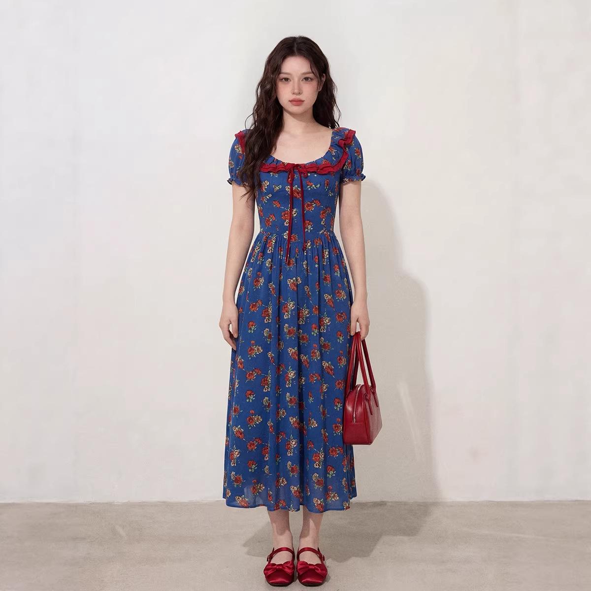 Vintage French Blue Floral Cinched-Waist Summer Dress L