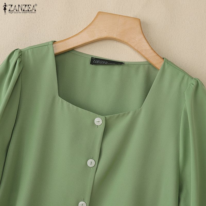 ZANZEA Women Casual Square Collar Solid Color Loose Half Sleeve Blouse