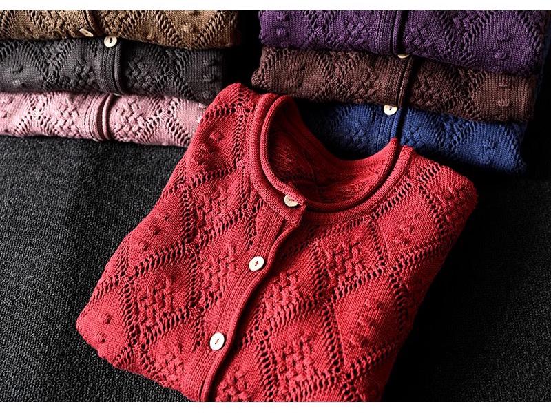 2025 Fall Diamond Hollow Round Neck Knitted Cardigan - Loose, Casual Long Sleeve Sweater