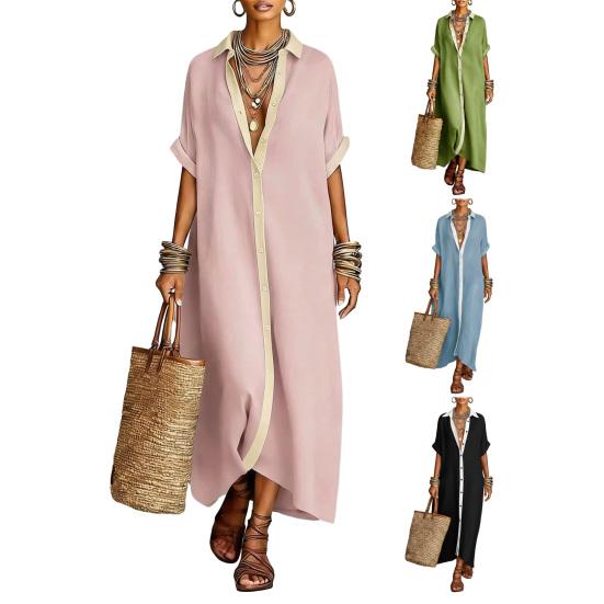 Sommer-Maxikleid für Damen Knopfleiste Kurzarm Tunika-Hemdkleid Lässig Reise Urlaub Locker Lang