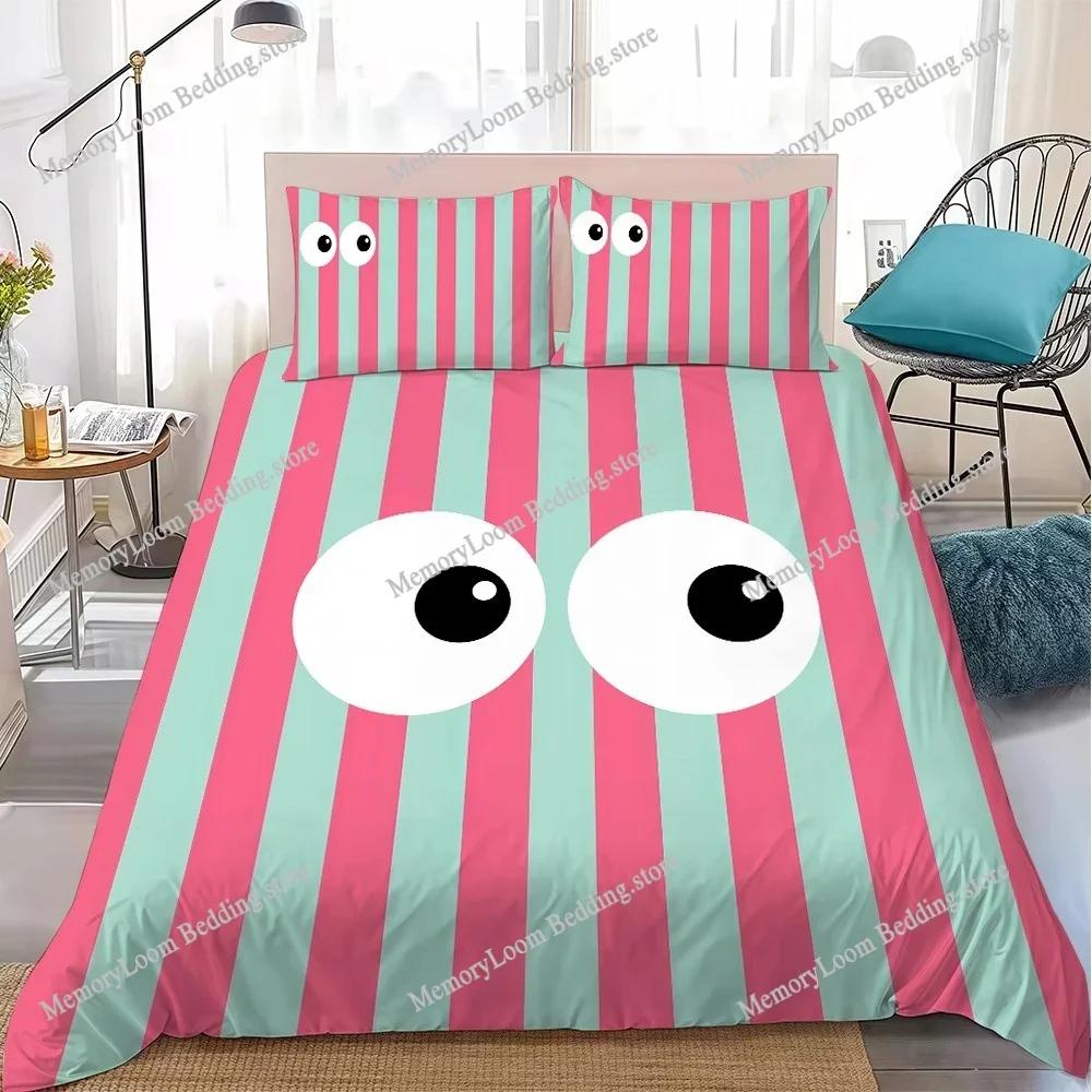 Small Fresh Cream Style Striped Big Eyes Duvet Cover Set Bedding Soft Laundry Cotton Bed Student Dormitory Gift Home Textile