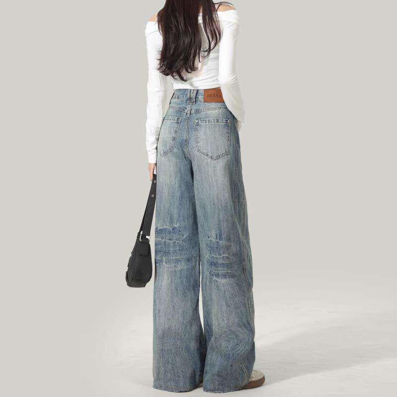 2026 Autumn High-Waisted American Style Women's Wide-Leg Jeans - Loose Banana Drape Casual Floor-Length Pants