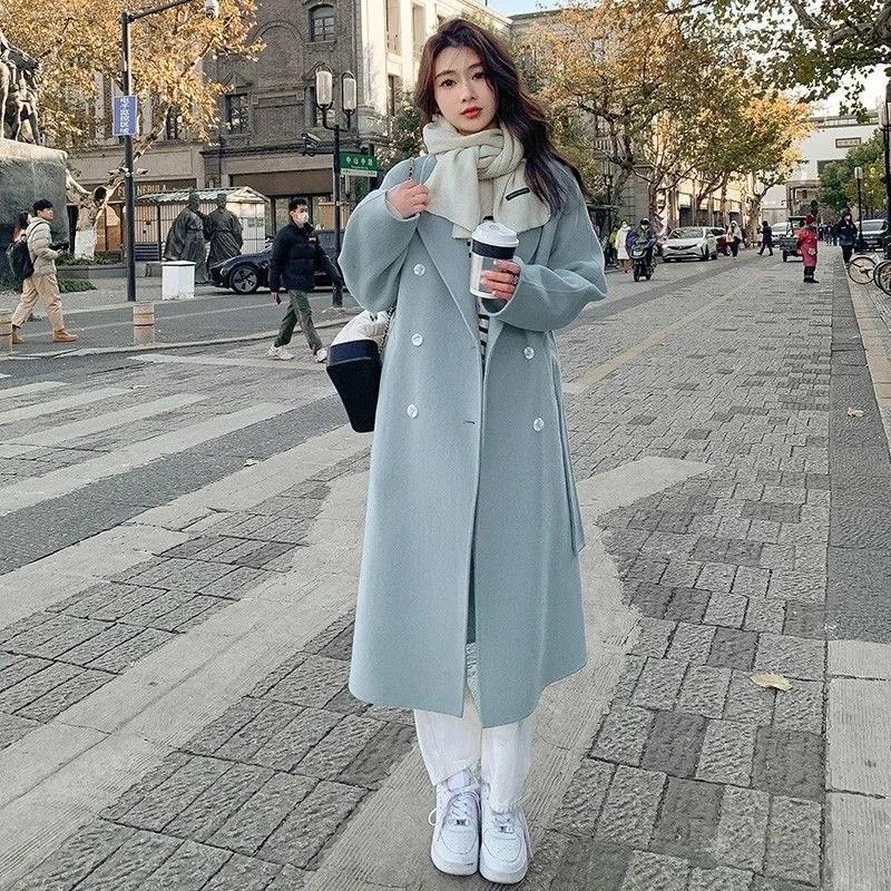 Damen Doppelreihiger Langer Wollmischung Trenchcoat Reverskragen Locker Warm Winter Oberbekleidung Übermantel