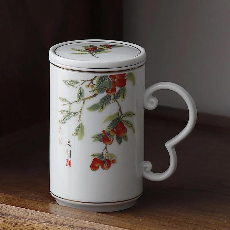 Hand-painted Landscape Pattern Series Tea Water Separating Ceramic Office goat fat Jade Porcelain Belt Cover Filter Mug, Tea Cup