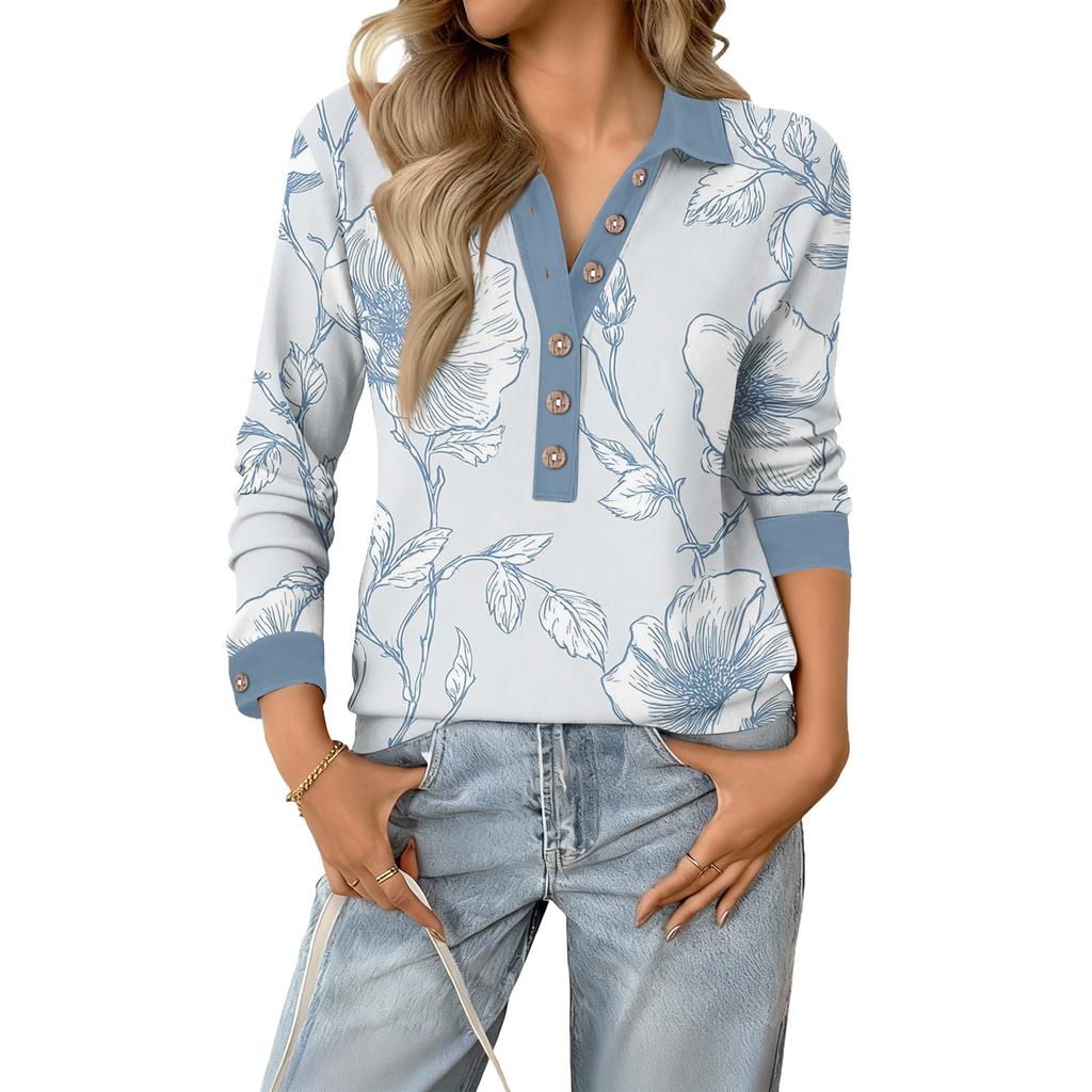 Women's Retro Street Lazy V,neck Long Sleeve Button Floral Print Pullover Top