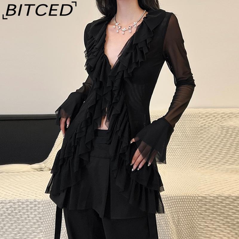 BITCED Fall Women's Solid-Color Slim-Fit Streetwear V-Neck Long-Sleeve Mesh Top