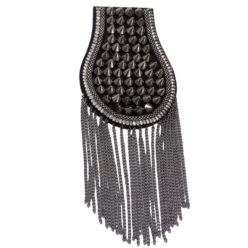 Sew-On Epaulette Shoulder Bar Accessory with Rivet Studs and Layered Metal Chain for Punk Theme Clothing Enhancement