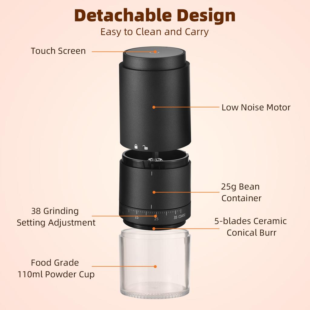 Portable Coffee Bean Grinder with 38 Grinding Setting Digital Power Display 5 Blades Ceramic Conical Burr One Button
