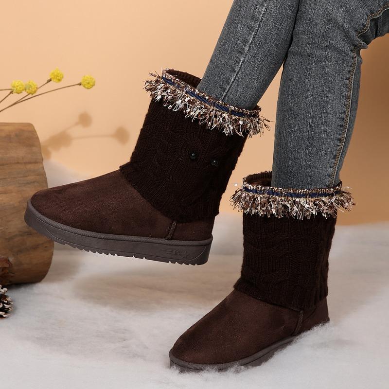 Fashion Mid-barrel Cotton Boots Winter New Round Toe Suede Stitched Platform Anti-slip Wear-resistant Snow Boots