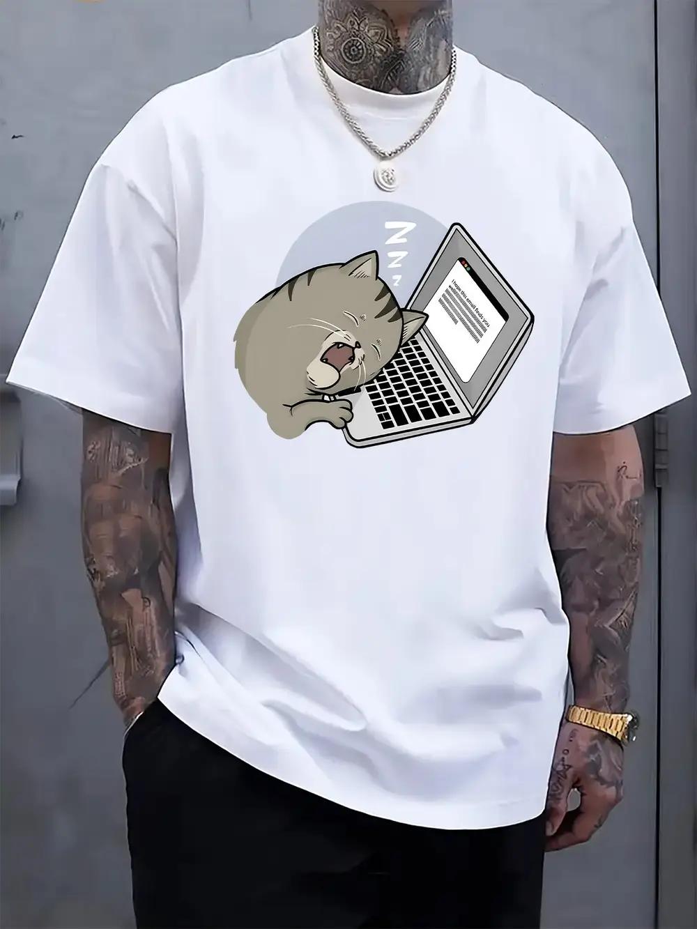 Round Neck Short Sleeve T-shirt Featuring a Print of a Cat Napping in Front of a Computer XXXL