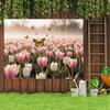 2D Pink Tulip Field Backdrop with Monarch Butterflies Nature Background