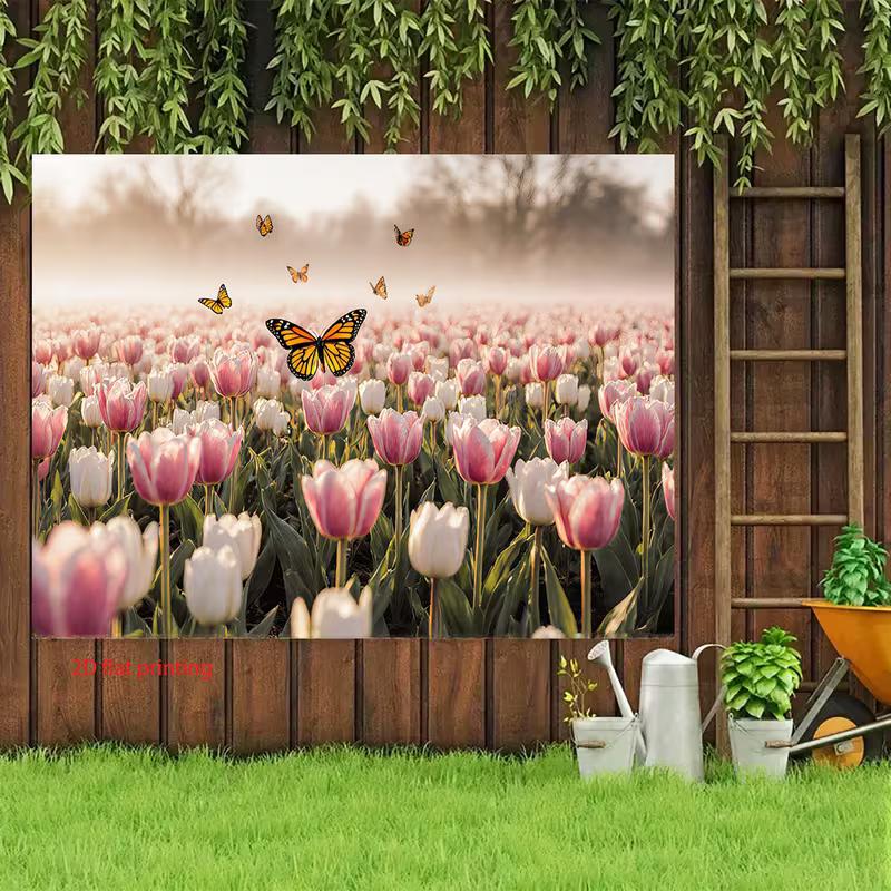 2D Pink Tulip Field Backdrop with Monarch Butterflies Nature Background