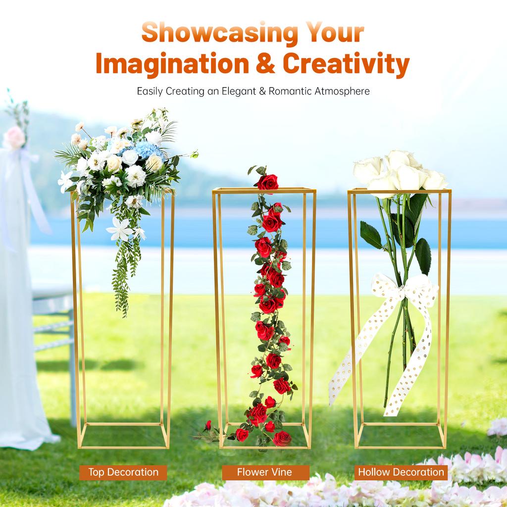 5PCS Rectangular Gold Flower Stand, 31.5inch Tall Geometric Centerpieces Vase for Table, Floor Metal Vase for Home Event Props