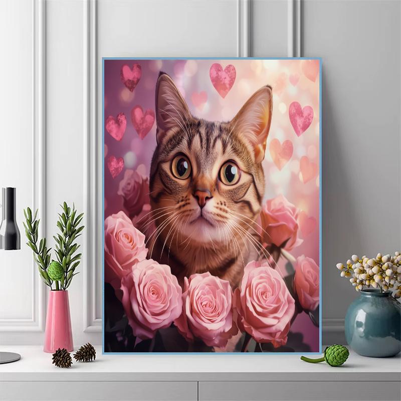 American Shorthair cat and roses Pattern  3pcs 100% Round Full Drill 5D DIY Diamond Painting Embroidery Cross Stitch Rhinestone Décor