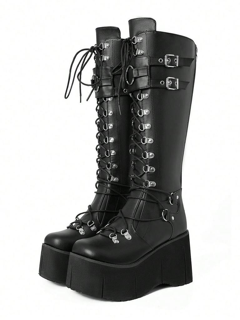 Women Gothic Punk Knee High top Wedges Heel Platform Halloween Motorcycle Luxury Long Booties for Adult Women