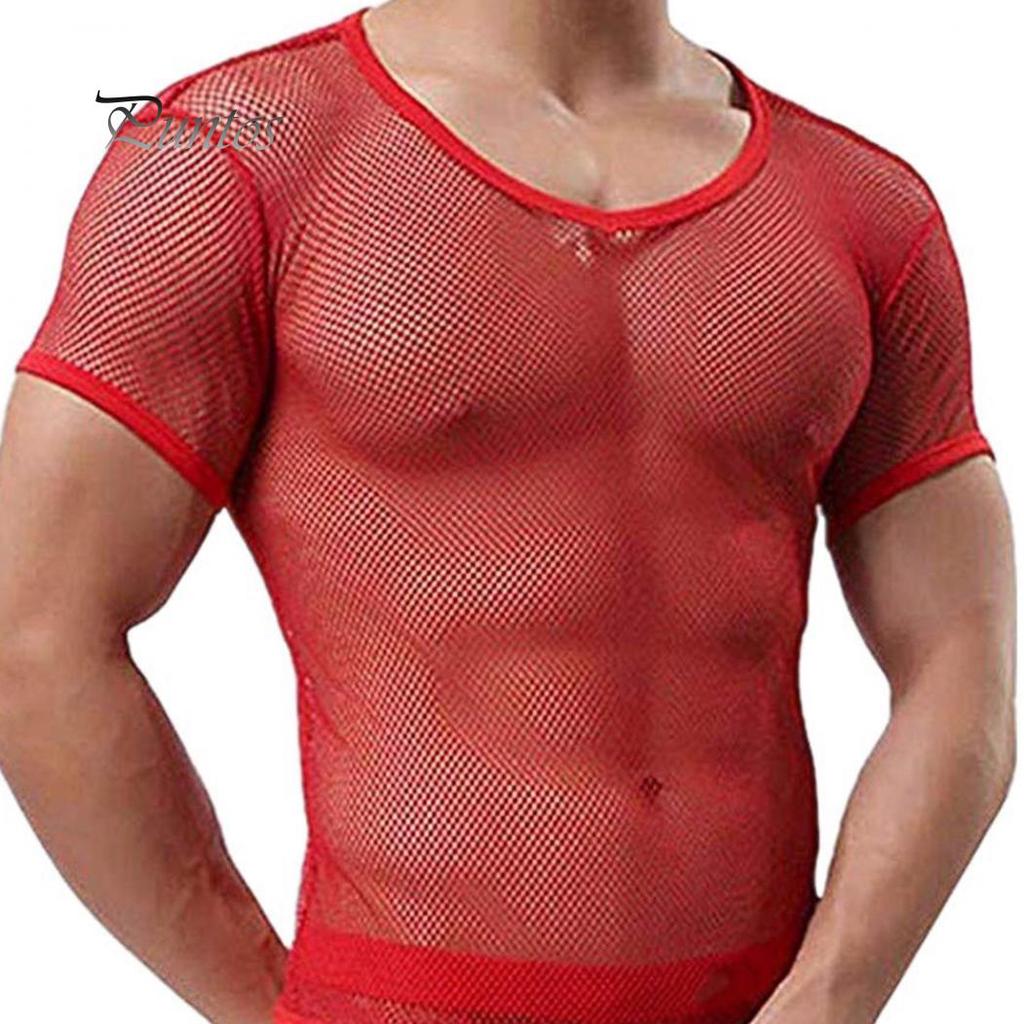 Sexy Men Mesh See Through T-Shirt Fishnet Clubwear Short Sleeve Top Undershirt