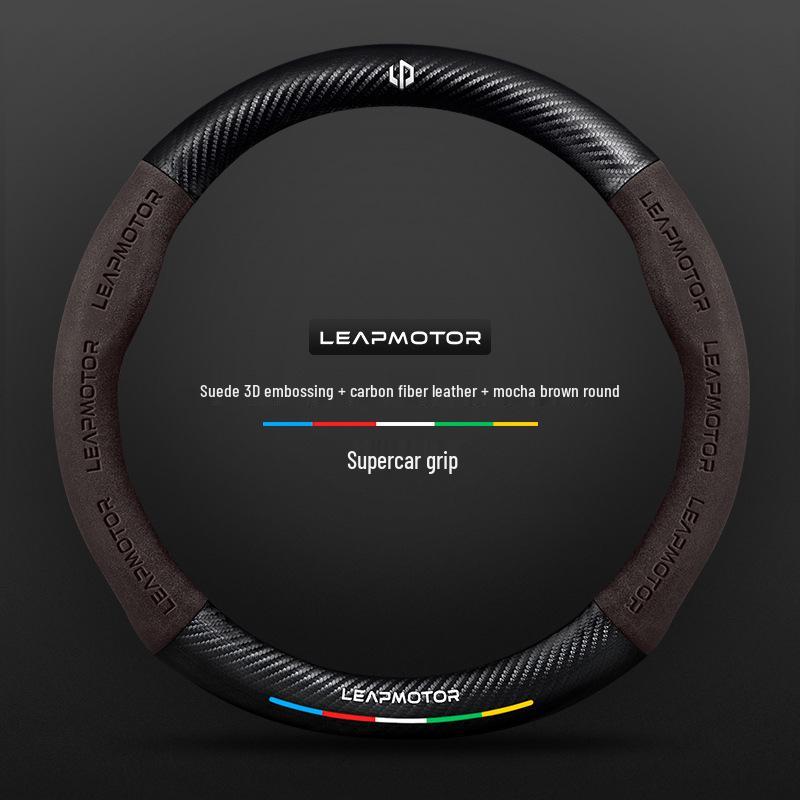 Universal Non-Slip Suede 3D Embossed Genuine Leather Steering Wheel Cover for All Seasons