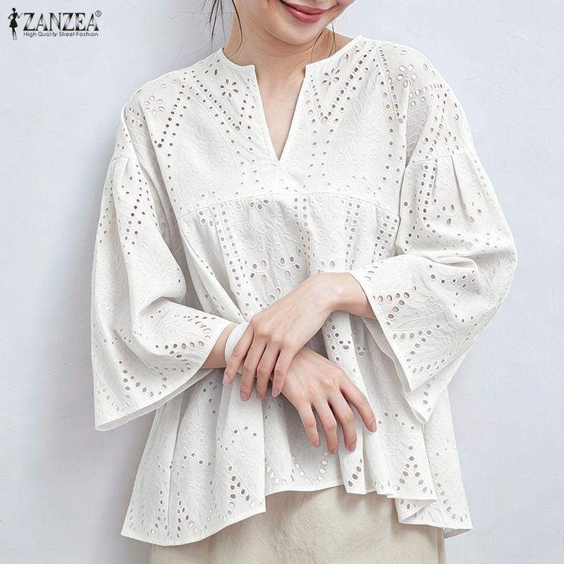 ZANZEA Blusa da Donna Casual con Scollo a V, Maniche a 3/4, Larga, Patchwork di Pizzo all'Uncinetto