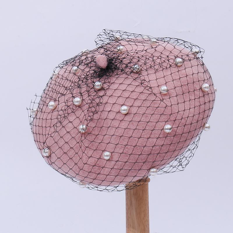Wool beret women, mesh pearl pumpkin hat spring and autumn fashion British retro painter hat versatile