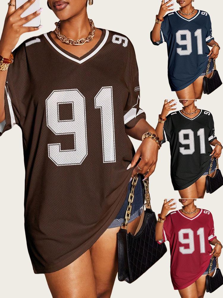 Women's Loose V-Neck Sporty Mesh T-Shirt with Digital Print