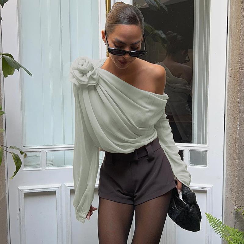 Nowe Bluzki Crop Top z Siateczki i Szyfonu z Aplikacjami Kwiatowymi z Odkrytymi Ramionami i Asymetrycznym Dekoltem Marszczone Jesień Eleganckie Długi Rękaw Prześwitujące