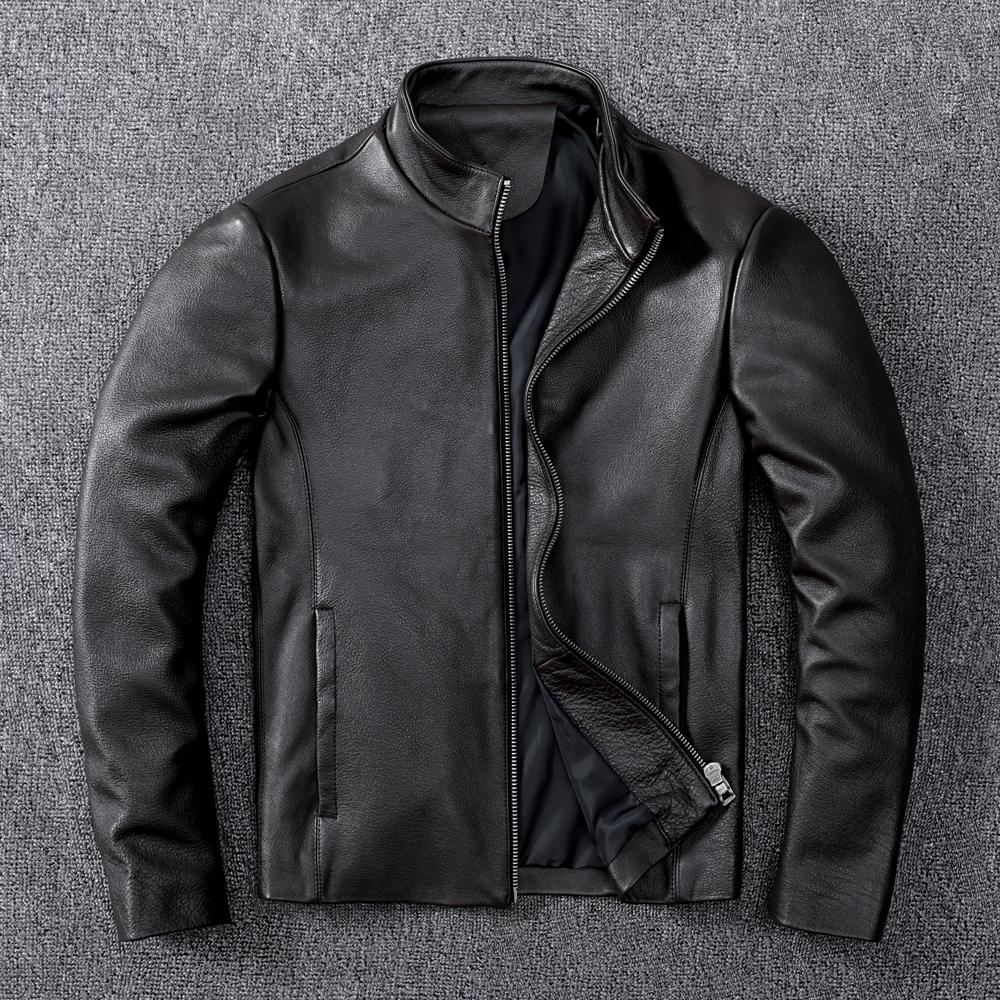 Genuine Leather Jacket Men Short Slim Fit Stand Collar Real Cowhide Biker Coat Casual Outerwear