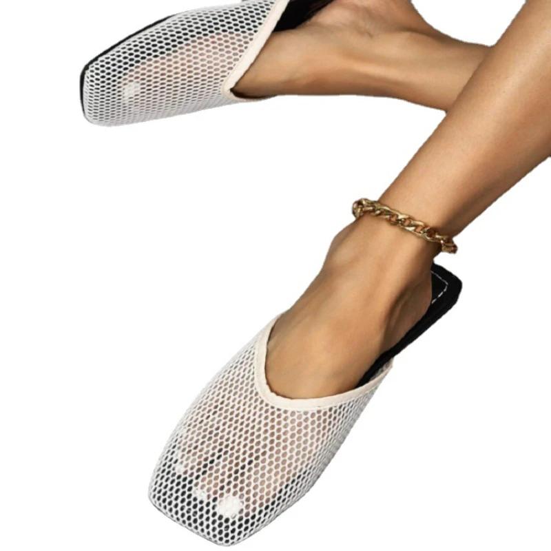 Women's Slippers New Fashion Mesh Flat Bottom Square Toe Flip Flops Hollow Casual Simple Sandals Ladies Plus Size Chinelo Nuvem