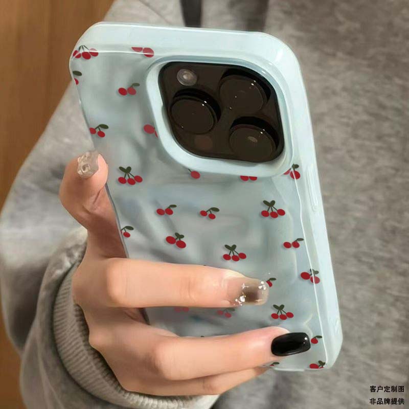 Schattige Kersen Vouwen Textuur Telefoonhoesje Voor iPhone 16 15 12 11 Pro Max 13 14 Pro Plus Schokbestendig Antislip Zachte Cover Shell Fundas