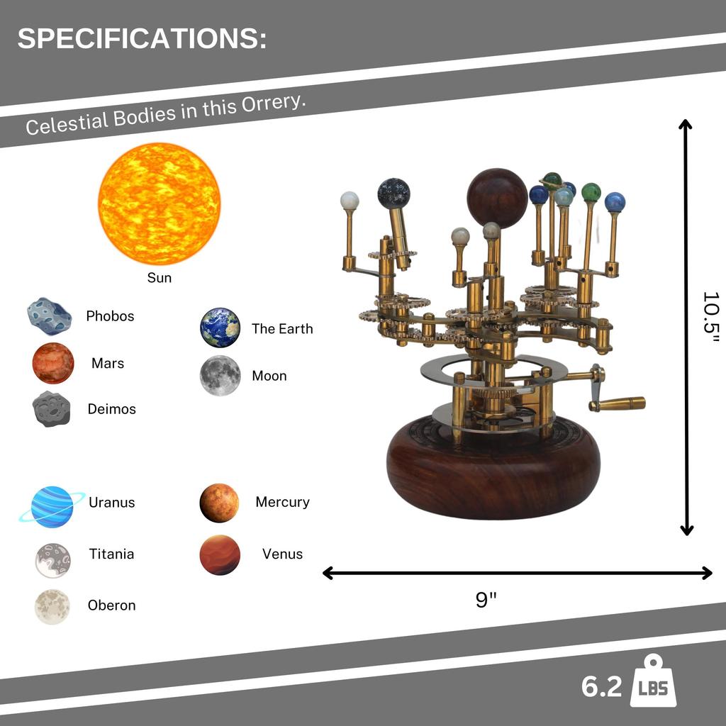 25,4 cm Luxus-Kunstwerk für Bücherregale Messing und Stahl Orrery Ein funktionales Modell des Sonnensystems mit Planeten