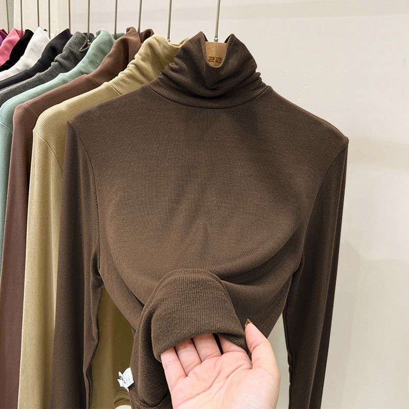 Elegant Threaded Turtleneck Base Shirt Women's Spring Vintage Underwear Thin Slim T-shirt Office Lady Heap Collar Casual Tops 2025 New