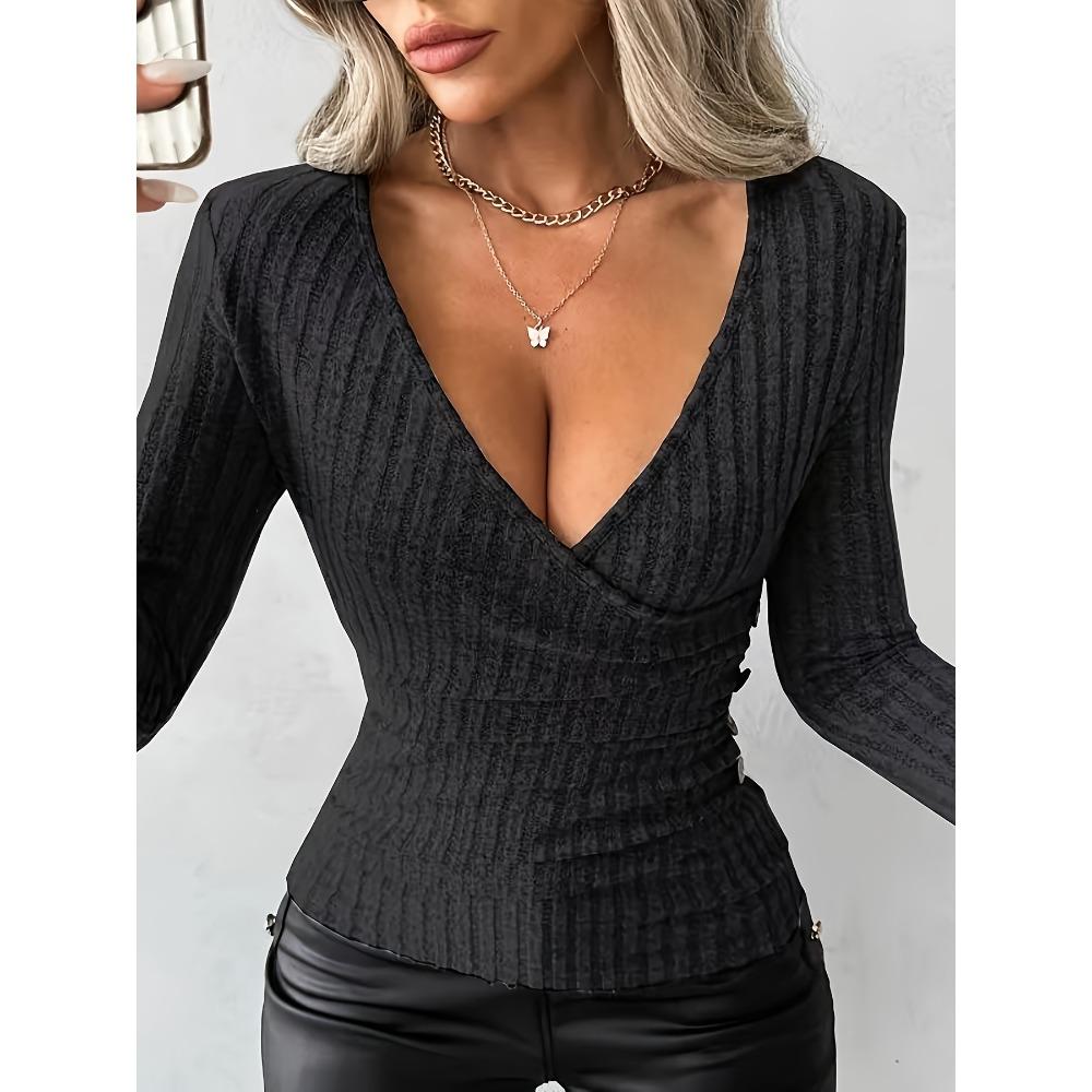 Women s V Neck Long Sleeve Top Slim Fit Street Style Ribbed Knit Wrap Blouse With Side Button Detail S чёрный