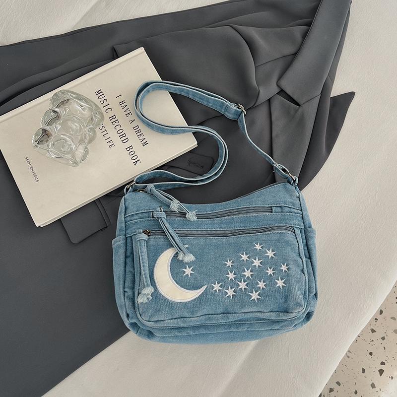 Borsa di Jeans a Spalla Singola Multi-cerniere Borsa a Tracolla Retrò Borsa per Mamma di Mezza Età