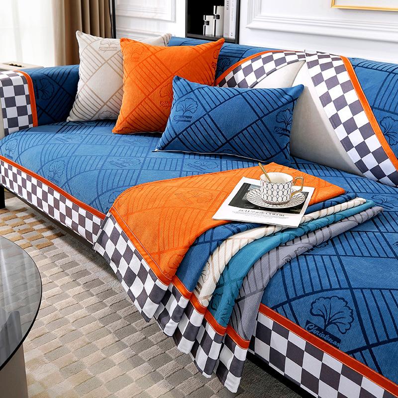 Nordic Luxury Sofa Covers Cushion L Shape Leather Couch Cover Black White Squares Edging Non-slip Back Towel for Living Room