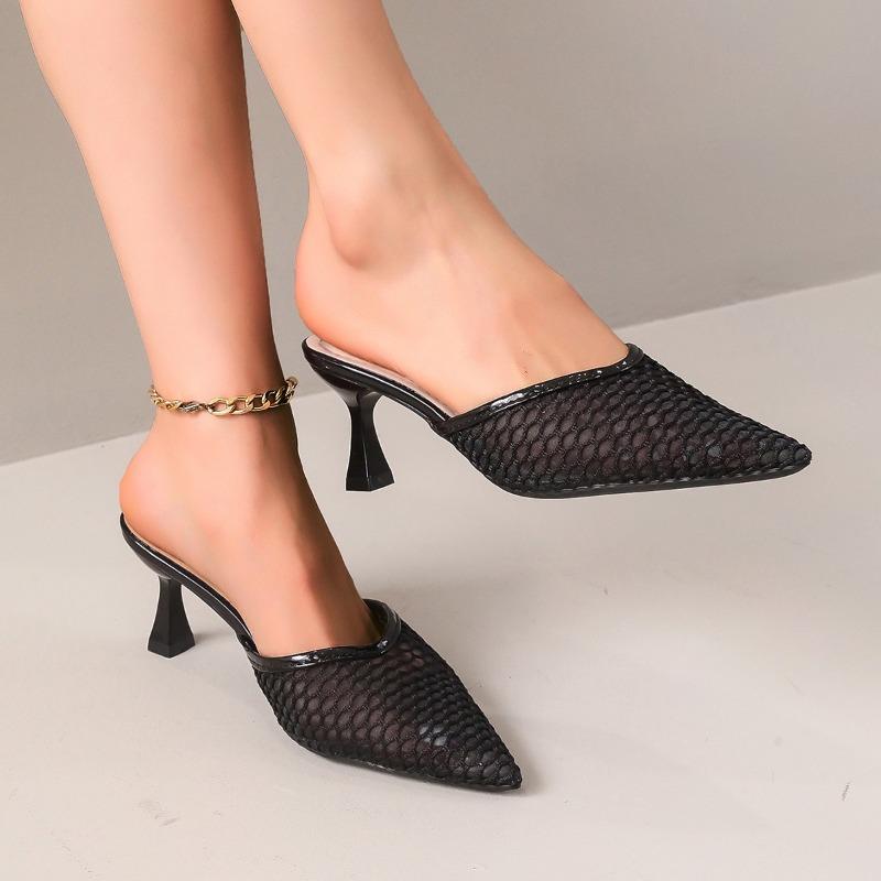 New Pointed Toe Mesh Women Slippers Mules Shoes Woman Summer Heeled Sandals Shallow Loafers Sexy Pumps Dress Sandalias